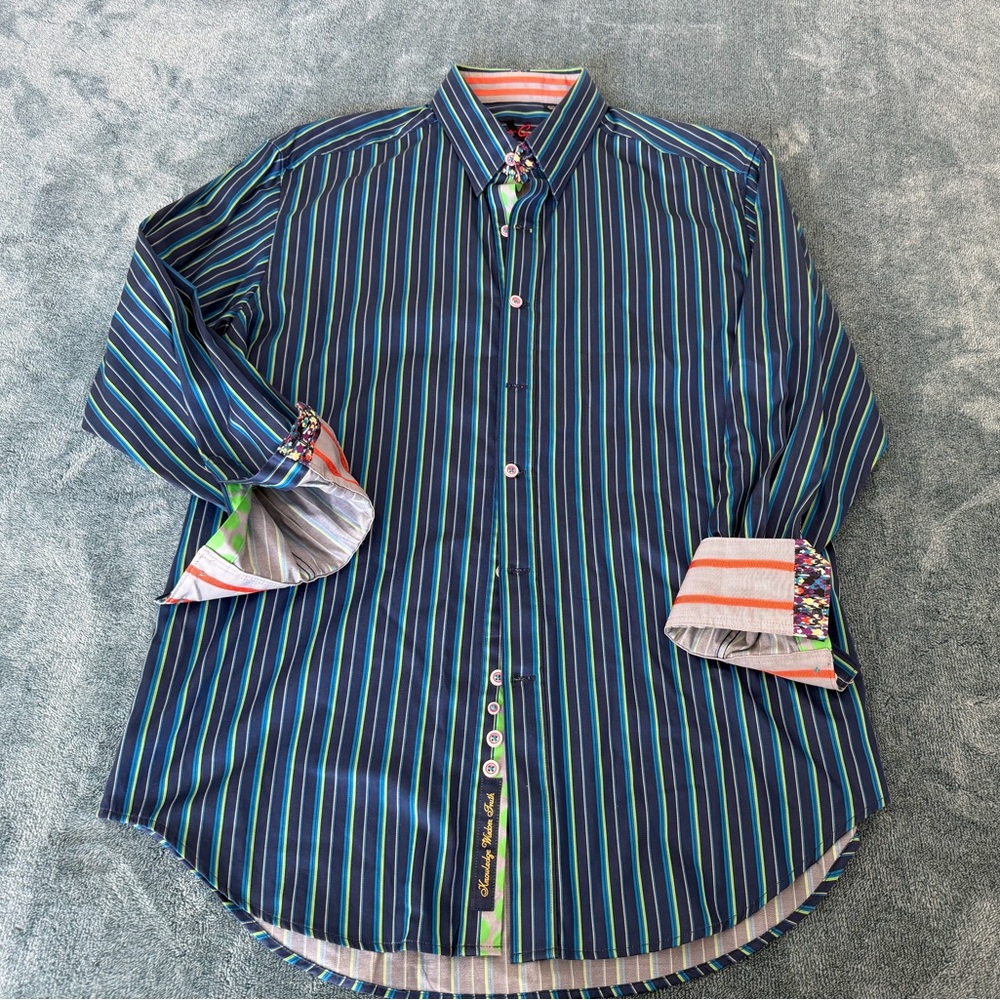 Robert Graham Men's Striped Blue Teal Shirt Size L Flip Contrast Cuff Cotton